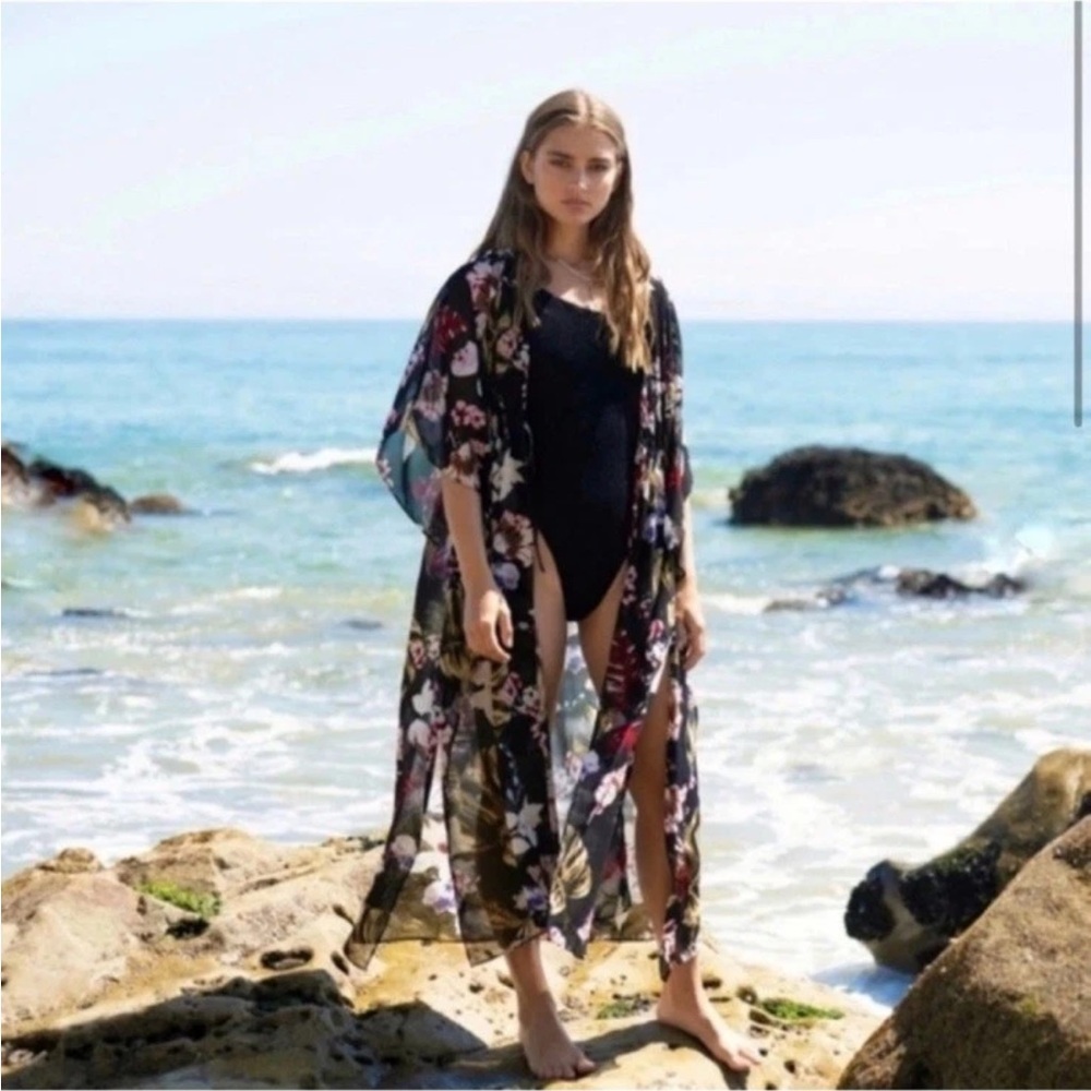 Walter Baker Tulum Caftan in Black Floral Open Tie Front Sheer Cover Up Top OS